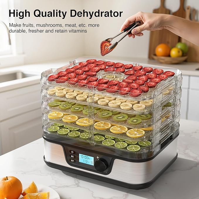 Food Dehydrator, Silver | 5 Stainless Steel and BPA-free trays, Adjustable Temperature, 72H Timer, Dehydrator for Meats, Jerky, Fruits, Veggies and Pet Treats