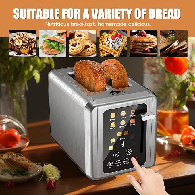 WUNLY Touch screen Toaster 2 slice,Stainless Steel Digital Timer Toasters with Sound Function,6 Bread Types & 6 Shade Settings,Smart Extra Wide Slots Toaster with Bagel,Defrost Functions,Platinum