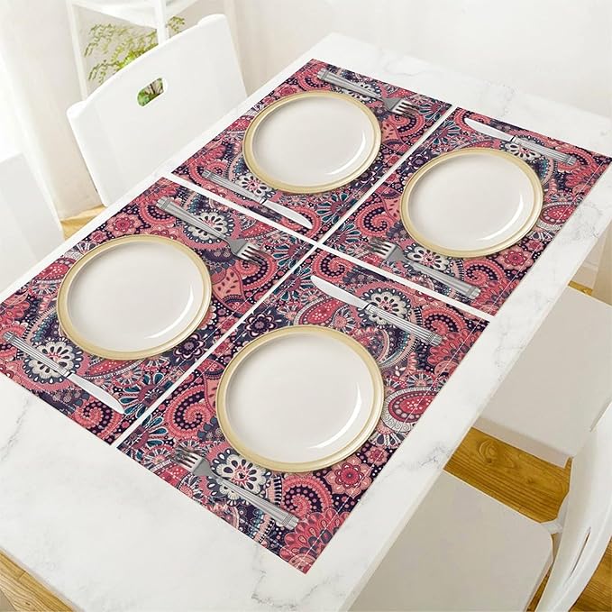 Mandala Placemats Set of 4 Vintage Bohemia Flower Pink Art Printed Dining Table Mats for Restaurant Home Kitchen Holiday Picnic Party Decor 12x18in