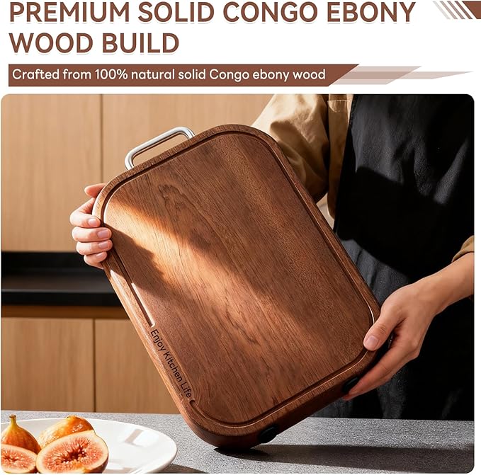 Pusgrew Natural Ebony Wood Cutting Board - 14.5"×9.5"×1" Solid Double-Sided Butcher Block with Deep Juice Groove & Non-Slip Feet, Food-Grade Chopping Board for Meat, Veggie, Fruit (Kitchen Essential)