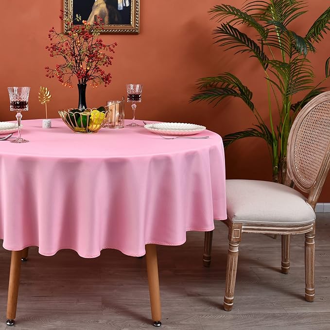 MEANMOY Pink 210 GSM Water & Stain Resistant Round Tablecloth for Circle Table - Solid 120 Inch Table Cloth Cover in Wrinkle Free Durable Washable Polyester Fabric for Wedding, Party, Banquet
