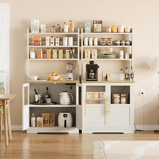 Garvee Farmhouse Bakers Rack with Glass Door, Microwave Stand with Power Outlets, Kitchen Hutch Pantry Cabinet, Kitchen Coffee Bar Cabinet for Spices, Dishes, and Pots, White