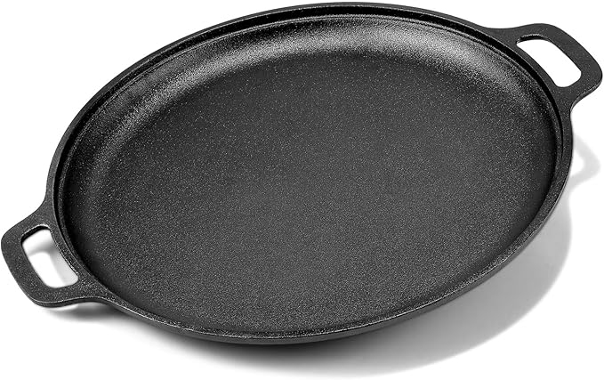 Gymdin 13.8 Inch Cast Iron Pizza Pan - Round Comal for Even Heating - Works on Oven, Grill & Campfire, Heavy-Duty Cast Iron Pizza Stone with Dual Handles