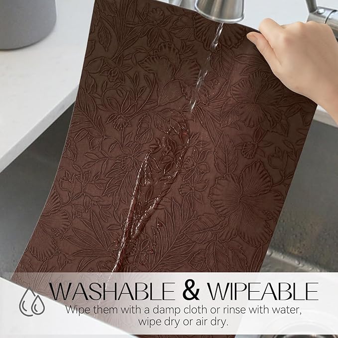 Romanstile Vinyl Placemats Set of 4-12 X 17 Inch - Heat Resistant Non-Slip Embossed Floral Place Mats 100% Waterproof Oilproof Wipeable Faux Leather Table Mats for Kitchen/Dining/Party, Brown