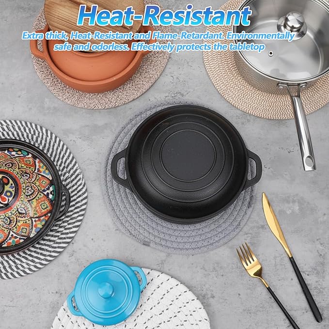 10 Inch Trivets for Hot Dishes, Pots and Pans, 5 Pcs Thick Heat Resistant Large Coaster Pot Holders, Hot Pads for Countertops, Kitchen Essentials with Storage Basket