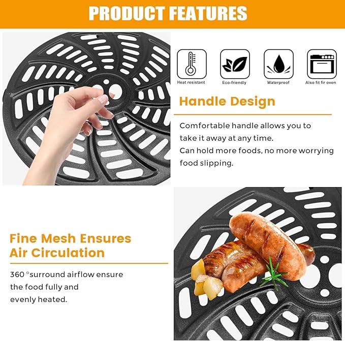 GCQ Air Fryer Grill Pan for Gourmia GAF698 GAF686 Air Fryer, Oval Nonstick 9.3''×8.9'' Air Fryer Replacement Parts Rack Tray Basket Accessories Grill Plate Crisper Plate with Rubber Bumpers