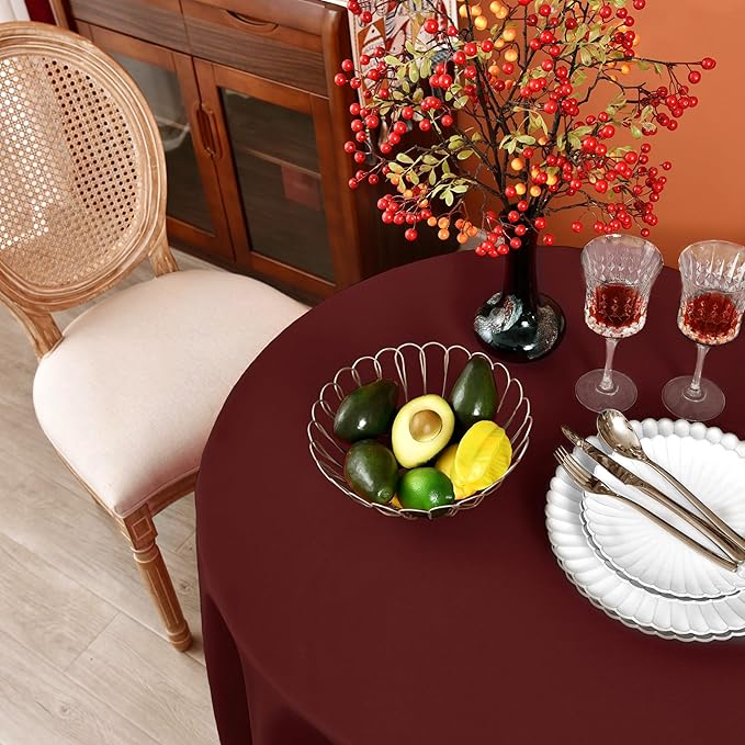 MEANMOY 2 Pack Burgundy 210 GSM Water & Stain Resistant Round Tablecloth - Solid 60 Inch Circle Table Cloth Cover in Wrinkle Free Washable Wipe Clean Polyester for Wedding, Party, Banquet (2 Pcs)