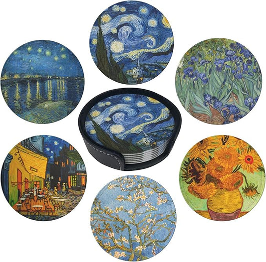Van Gogh Art Leather Drink Coasters Set of 6 with Holder Round Cup Coaster for Table Decor