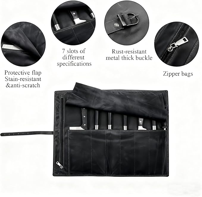 BSLGCTX Leather Knife Roll, Chef Knife Roll Bag, Knives Carrying Case, Culinary Tools Carrying Storage, Portable Travel Storage with 7 Slots & Zipper, Gifts for Chef (Black)
