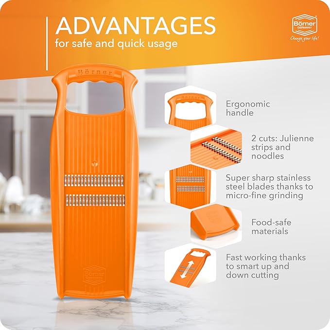Börner by Reston Lloyd Roko PowerLine • Short & Long Vegetable Strips/Noodles & Safety Food Holder • Made in Germany, Orange
