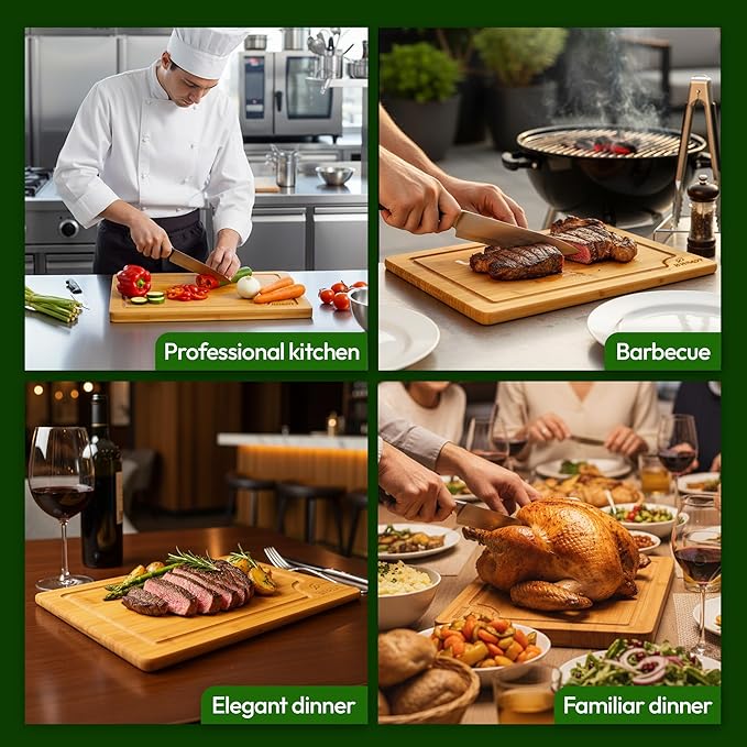 BH&DT bamboo cutting board set of 3,bamboo cutting boards for kitchen with juice groove, meat board cutting board with handle, chopping gift set,professional kitchen board,