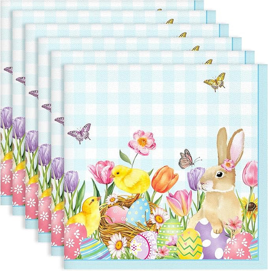 Easter Bunny Napkins, 18×18 Inch Egg Flower Butterfly Dinner Cloth Napkins Set of 6, Washable Cotton Soft Absorbent Square Napkins for Dining Kitchen Party Wedding Decoration