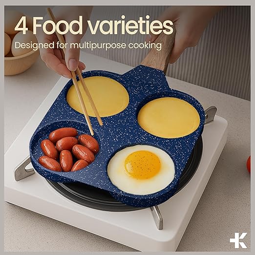 4-Cup Nonstick Frying Egg Pan Blue Marble, Granite Pancake Pan, PFOS & PFOA Free, Die-Cast Aluminum with Heat-Resistant Handle, 500°F Stove-Safe, Compatible with Induction, Gas & Electric Cooktops