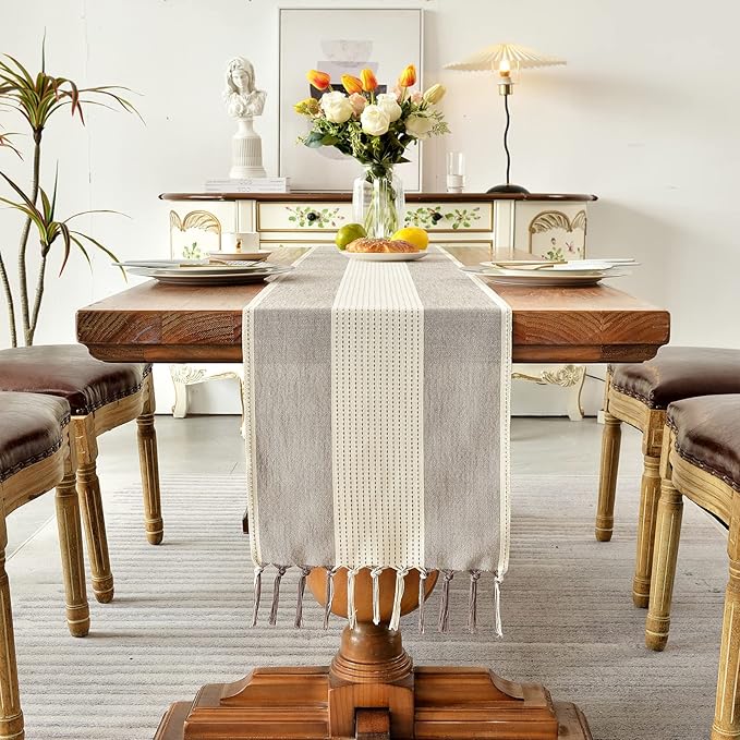 Wracra Linen Table Runner, Farmhouse Macrame Table Runners 72 Inches Long for Dining Table Decor, Wedding, Party and Dresser Decor (Dark Coffee,72")