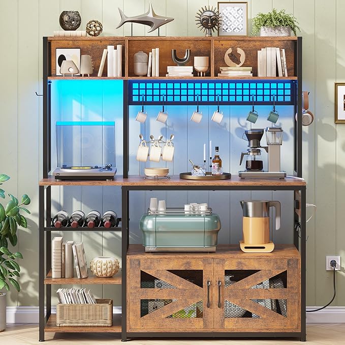 Itaar 47.2 Inch Bakers Rack with Power Outlet, Microwave Stand with Storage, Farmhouse Coffee Bar Cabinet Station with Wine Rack, Iron Mesh and 8-S Hooks (Rustic Brown)