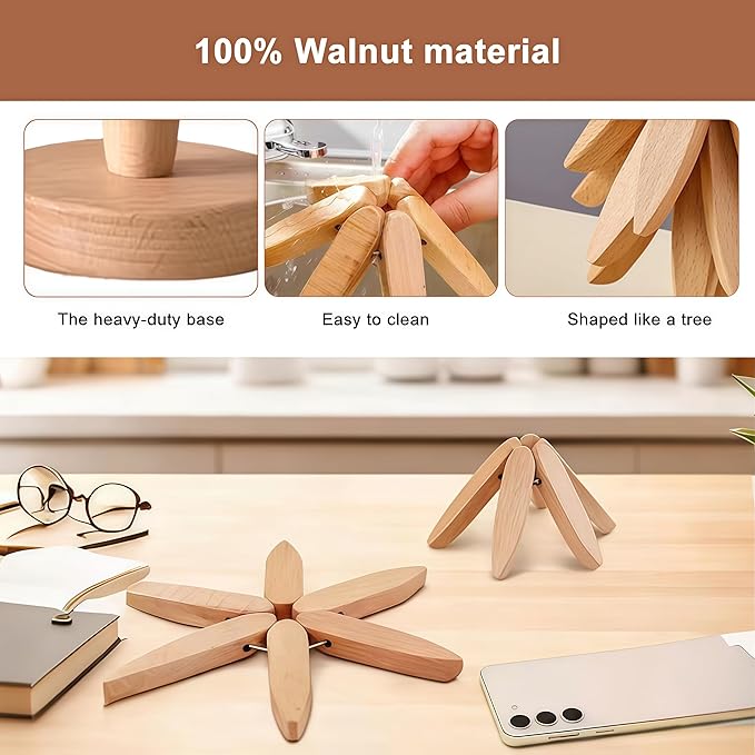 Foldable Kitchen Wooden Trivet Wooden Trivets for Hot Dishes, Tree Shape Trivet Set, 4 Walnut Wood 1 Stand stored Like a Christmas Tree,for Hot Pot Holder, Teapot, Bowl, Hot Dishes (Beech Wood)
