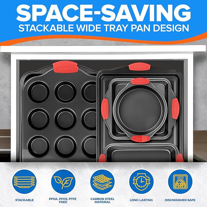Emporio Kitchen Baking Pan Set - Nonstick Coating, Carbon Steel Bakeware Set with Red Silicone Handles, PFOA, PFOS, PTFE Free, Recipe Booklet Included, Oven Safe Tray (Up To 450° F), Set of 8 - Black