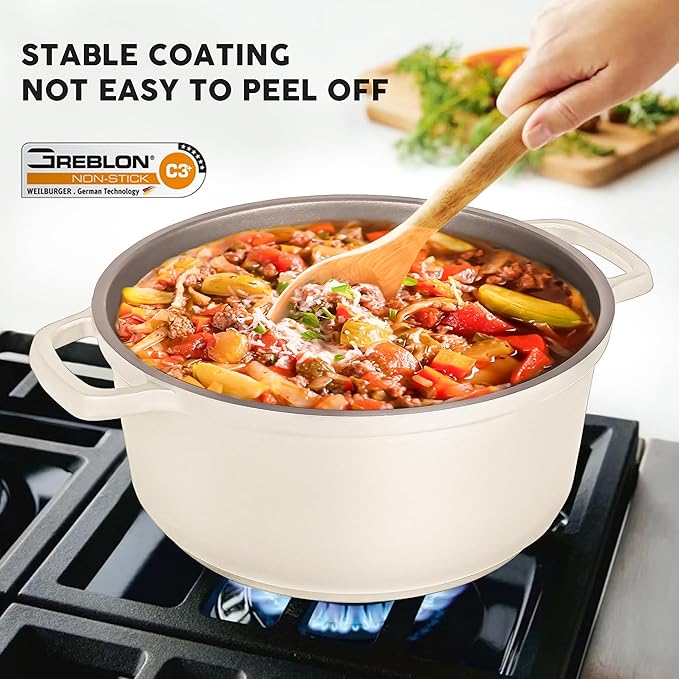 INSETFY Large Dutch Oven Pot with Lid-7.5QT Cast Aluminum Oven Pot with Two Handles Lightweight for Bread Baking Braising and Roasting(Beige)