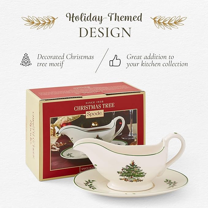 Spode Christmas Tree 9 Oz Gravy Boat & Stand - Festive Stoneware Sauce Boat with Tray for Holiday Gatherings, Serveware for Gravy, Sauces & Syrups - Microwave, Dishwasher & Oven Safe