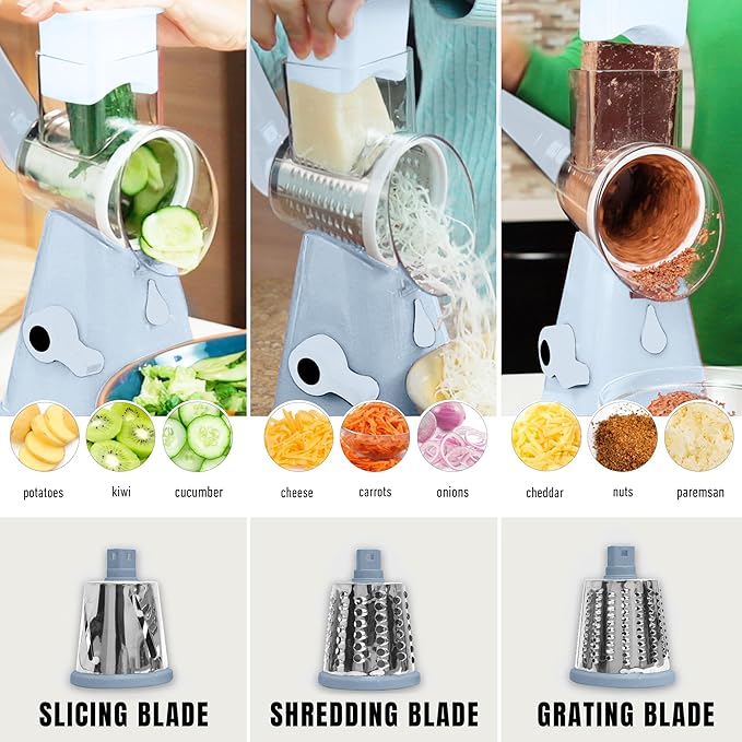 EMSON Rotary Cheese Grater Hand Crank, Stainless Steel Rotary Graters for Kitchen with 3 Blades, Vegetable Slicer, Cheese Shredder with Suction Cup Base, Dishwasher Safe