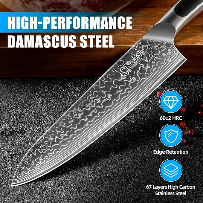 Sunnecko Damascus Kitchen Knife Set 5 Piece, Sharp Chef Knife Set Professional Kitchen Knives Sets Full Tang with Gift Box
