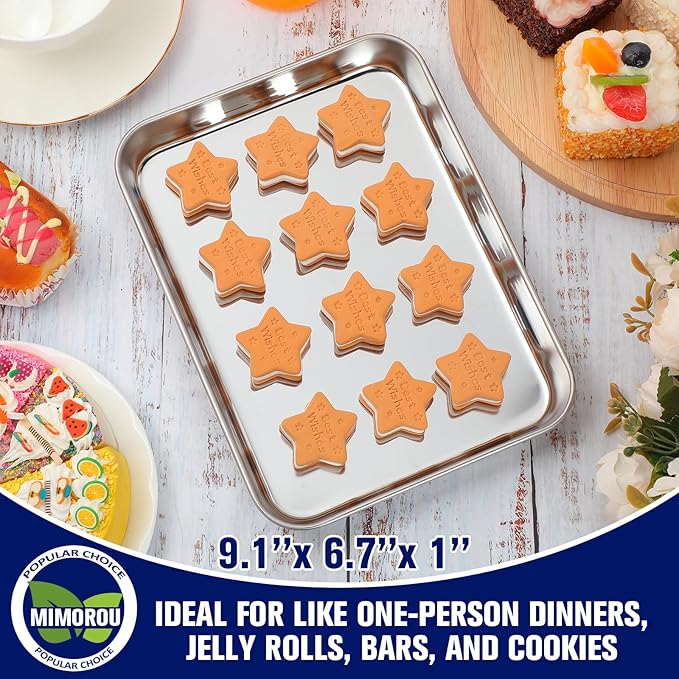 Mimorou 12 Pcs Baking Sheet Stainless Steel Cookie Small Metal Sheet Pans Professional Rectangle Oven Trays Kitchen Baking Cooking Oven and Toaster, Dishwasher Safe