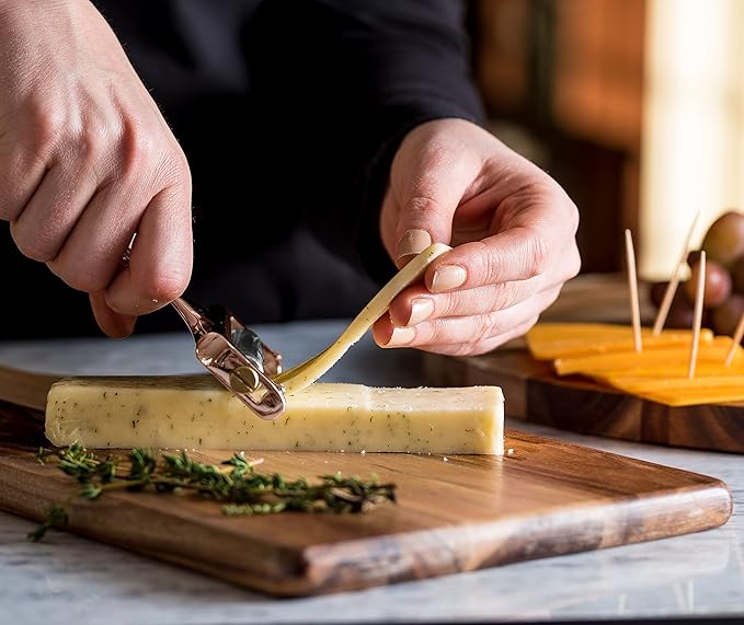 Bellemain Stainless Steel Wire Cheese Slicer - Hand Held Cheese Cutter for Cheddar, Gruyere, Raclette, Mozzarella Block, Adjustable Shaver, Thick & Thin Slicer, Curler (Rose Gold)
