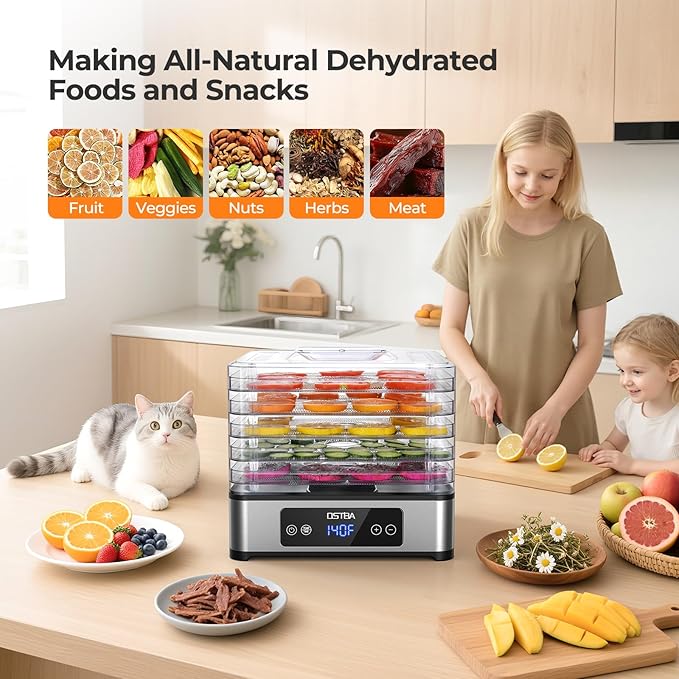 OSTBA Food Dehydrator, 5 Stainless Steel Trays, 400W Powerful Drying, 48H Timer & 95–160°F Temp Control, Quiet Small Dryer for Jerky, Fruits, Herbs, Mushrooms, BPA-Free, Recipes Included
