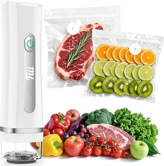 FIII Compact Handheld Vacuum Sealer for Food, 10X Preservation Food Sealer Machine with Reusable Vacuum Bags, Portable Wireless Vacuum Sealer for Sous Vide & Meal Prep, White