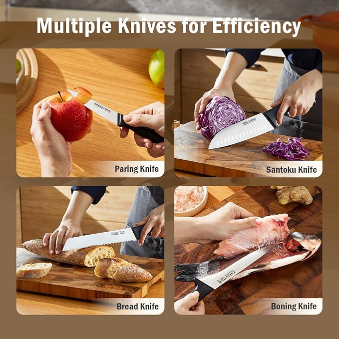 KINGSTONE 14-Piece Knife Block Set, Precision-Honed High-Carbon Stainless Steel Knives with Long-Lasting Sharpness, Ergonomic Balanced Handles for Home & Serious Cooks, Walnut