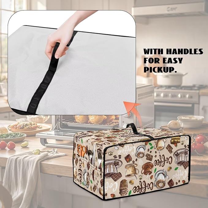 Doojoayie Brown Toaster Oven Cover Coffee Print 4 Slice Bread Machine Dust Protector Universal Fit Dust-proof & Stain Resistant Covers for Kitchen Appliance Protection