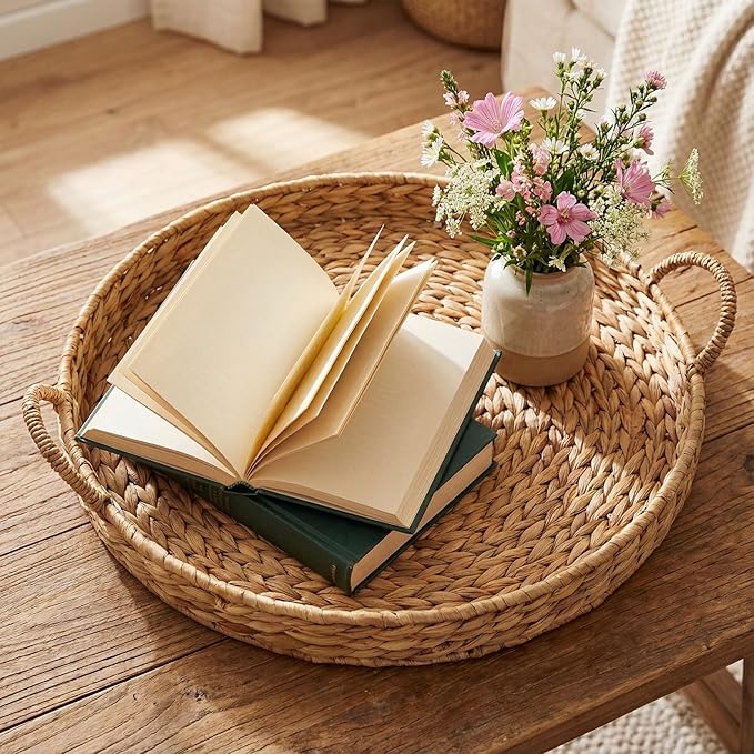 Round Woven Hyacinth Serving Tray with Handles Rattan Decorative Storage Basket for Fruit Arts Crafts Breakfast Coffee Table Dining, 1.97 x 21.65 Inches