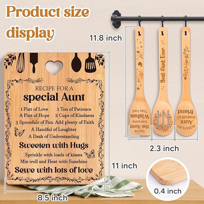 Gifts for Aunt - "Recipe for a Special Aunt" Aunt Birthday Gifts Cutting Board Set, Bamboo-Made Engraved Utensil Set, Aunty Birthday Gifts