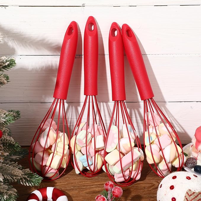 Domensi 24 Pcs 10 Inch Red Silicone Whisk Non Scratch Balloon Wire Whisk for Cooking Manual Egg Beater Milk Coffee Frother, Baking Gifts Cooking Supplies for Christmas Gift Party Stocking Stuffers