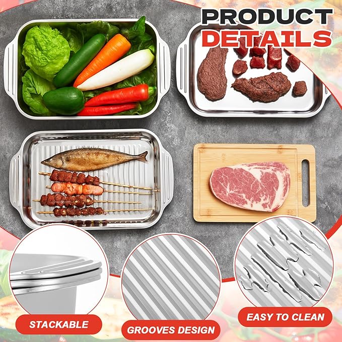 4 Pcs Grill Prep Trays Set Stackable Stainless Steel Grilling Prep and Serve Tray Includes 2 Deep Grill Platter, Shallow BBQ Serving Tray and Bamboo Cutting Board for BBQ Outdoor Grilling