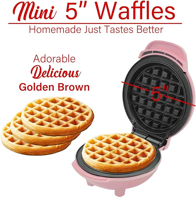 Brentwood 5” Non-Stick Mini Maker for Waffles, Keto Chaffles, Hash Browns, and More (Pink)