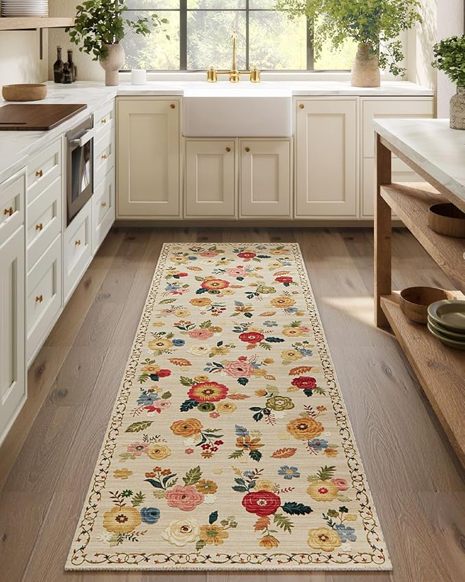Machine Washable Runner Rug for Hallway: 2'6"x8' Kitchen Runners Rug with Rubber Backing Non Slip Stain Resistant Floral Floor Rug Soft Carpet Runners for Indoor Entryway Bedroom Bedside Living Room