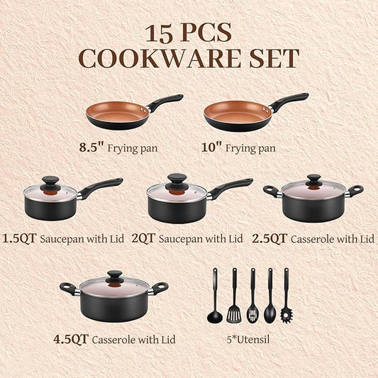 Ceramic Pots and Pans Set, 15PCS Nonstick Set Ceramic Cookware Set, Nonstick Pan Pots and Pans Set Non Stick Cookware set (With-Induction)