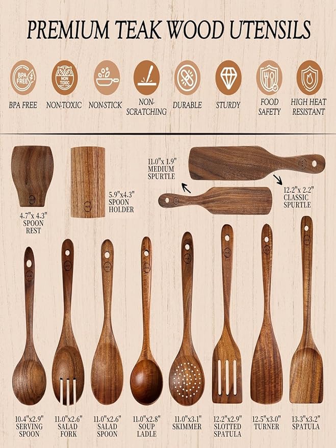 100% Natural Teak Wood Wooden Utensil Set – 12 Pcs Cooking Tools with Large Spoon Holder & Rest – Non-Stick, Heat Resistant, Durable, Food-Safe & Eco-Friendly Kitchen Gadgets