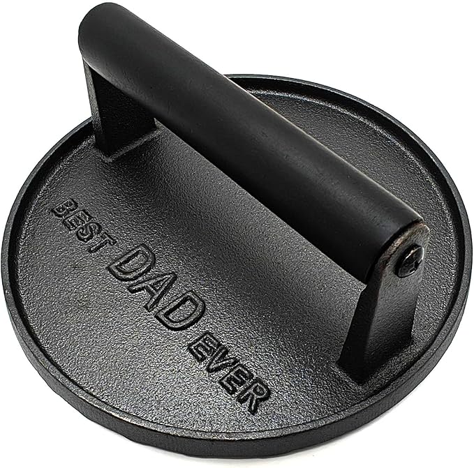 BEST DAD EVER Heavy Duty Cast Iron Grill Press Burger Press Bacon Press Barbecue Press Meat Press Burger Smasher Griddle Press Round Garlic Press with Anti Scalding Wooden Handle Gifts for Dad(7”)