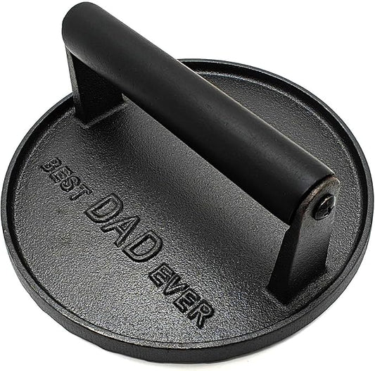 BEST DAD EVER Heavy Duty Cast Iron Grill Press Burger Press Bacon Press Barbecue Press Meat Press Burger Smasher Griddle Press Round Garlic Press with Anti Scalding Wooden Handle Gifts for Dad(7”)