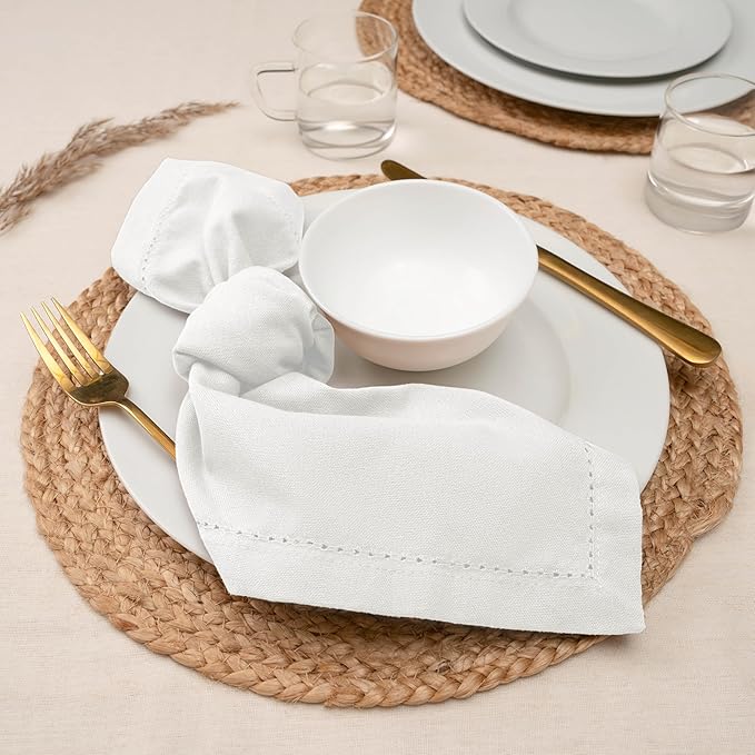 Blue Needles Set of 12 Hemstitch Linen Napkins 100% Cotton White Cloth Dinner Napkins 18x18 inches, Soft, Reusable, Absorbent, Washable, Ideal for Wedding Events, Parties & Everyday Use