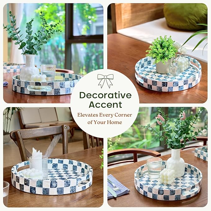 12.6 Inch Round Capiz Shell Decorative Tray with Handles, Serving Tray for Coffee Table & Ottoman, Coffee Table Trays for Living Room, Kitchen, Bathroom (Navy Blue)