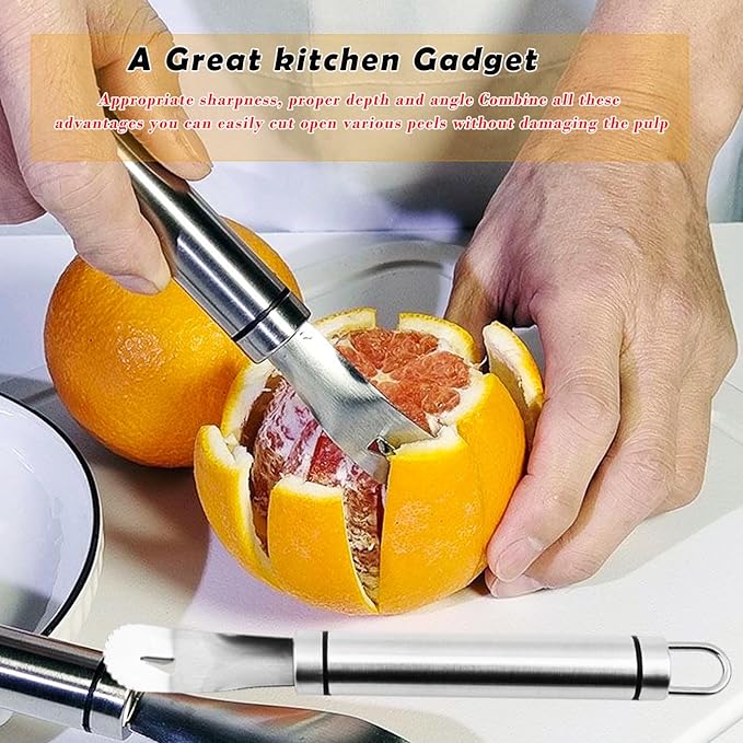 2PCS Stainless Steel Orange Peeler，Grapefruit Peeler，Easy to Peel, Long Handle Orange Citrus Peeler Tool, Triangular-Blade, Zigzag,Shovel Orange Peeler Gadget(2PCS)