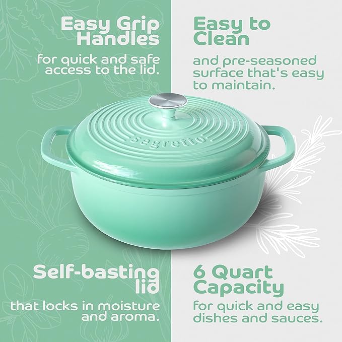 Segretto Cookware Enameled Cast Iron Dutch Oven, 6 Quarts, Light Green