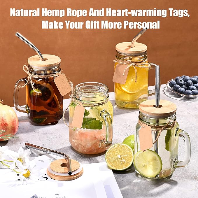 TANGLONG 16 oz Mason Jars with Handle, Mason Jar Cups, Glass Cups with Lids and Straws, Drinking Glasses Set of 12