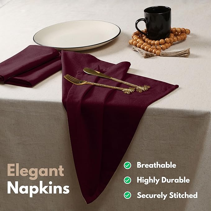 Native Fab Cloth Napkins, Set of 12, 17" x 17", 100% Cotton, Washable & Reusable Fabric Linen, Table Decor for Dinner, Events, Parties, Weddings – Burgundy