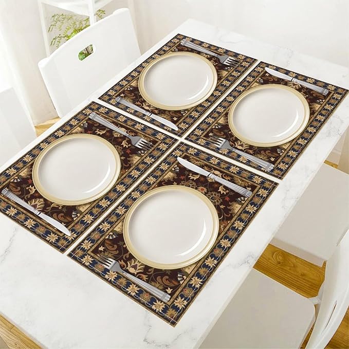 Boho Ethnic Placemats Retro Brown Flower Country Style Art Printed Dining Table Mats Set of 4 for Restaurant Home Kitchen Holiday Picnic Party Decor 12x18in