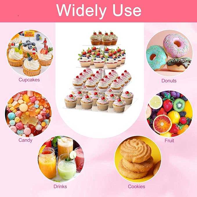 Cupcake Stand, Acrylic Cupcake Holder, Premium 4 Tier Square Cupcake Stand for Wedding Birthday Holidays, Cady Bar Party Decoration,Clear… (4 Tier, Square)