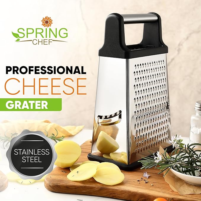Spring Chef Stainless Steel Lemon Zester, Fine & Coarse Shred, Set of 2 & Professional Cheese Box Grater, XL Size - 2 Product Bundle - Black
